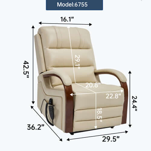 Beige faux leather recliner chair with dimensions labeled on a white background