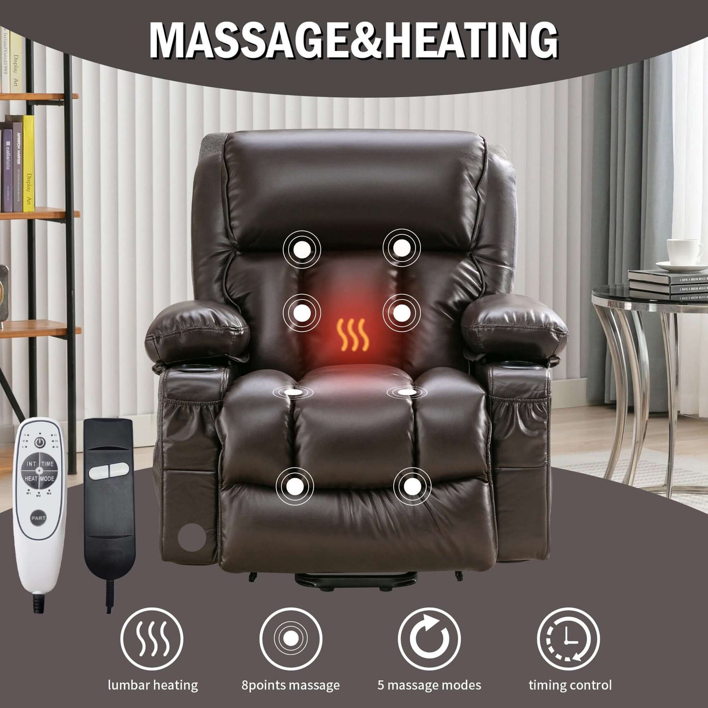 Power Electric massage lift lounge chair, suitable for the elderly, with heating and vibration functions,Fleece leather with USB, can be used for lying down-brown