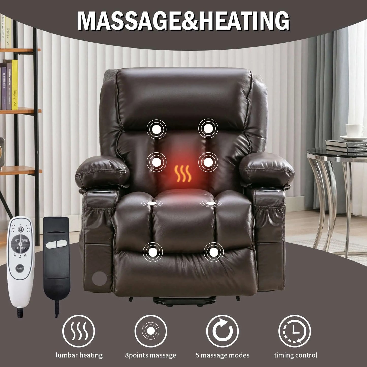 Brown massage and heating recliner chair with remote controls in a living room setting.
