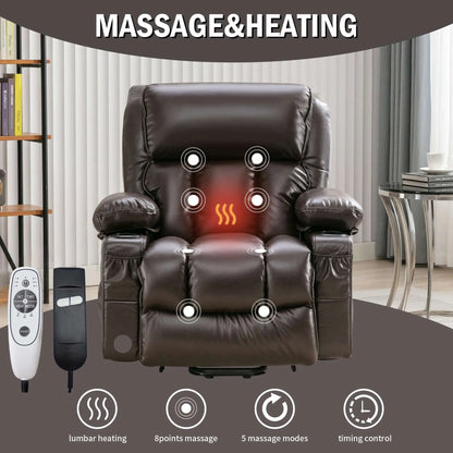 Brown massage and heating recliner chair with remote controls in a living room setting.