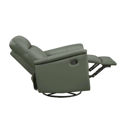 Side view of a green leather swivel glider recliner chair with pull tab in a full reclining position on a white background