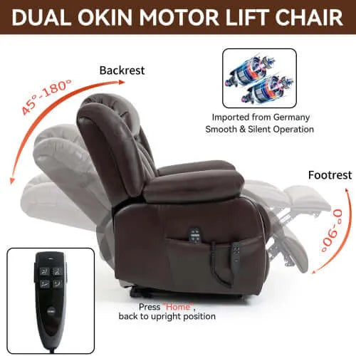Brown Dual Okin Motor Lift Chair with features highlighted on a white background