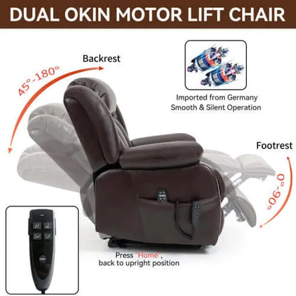 Brown Dual Okin Motor Lift Chair with features highlighted on a white background