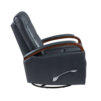 Side view of a navy blue faux leather swivel glider recliner chair with wooden armrests on a white background