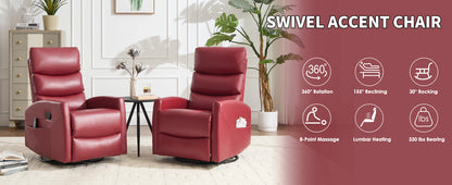 Red swivel recliner chairs in a living room setting with features highlighted on the right.