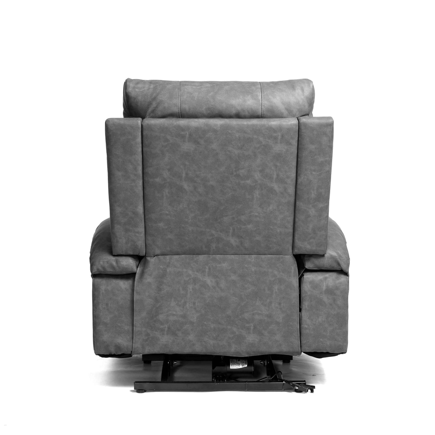 Back view of a gray faux leather ower lift recliner chair on a white background