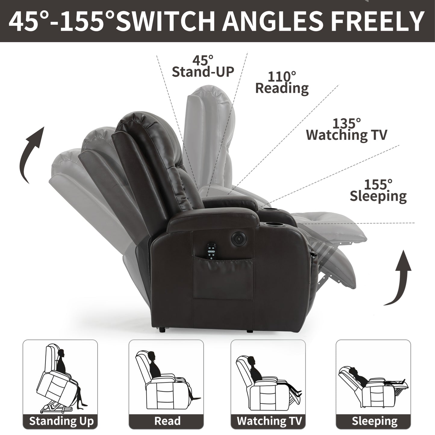 350 LB Power Lift Recliner w/ Massage, Heat, USB & Cup Holders-Brown