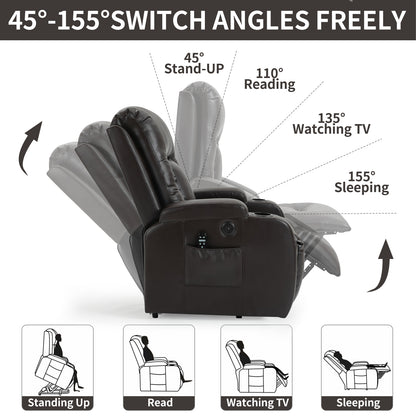 350 LB Power Lift Recliner w/ Massage, Heat, USB & Cup Holders-Brown