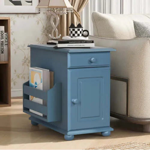 Blue end table with a drawer and cabinet in a living room setting