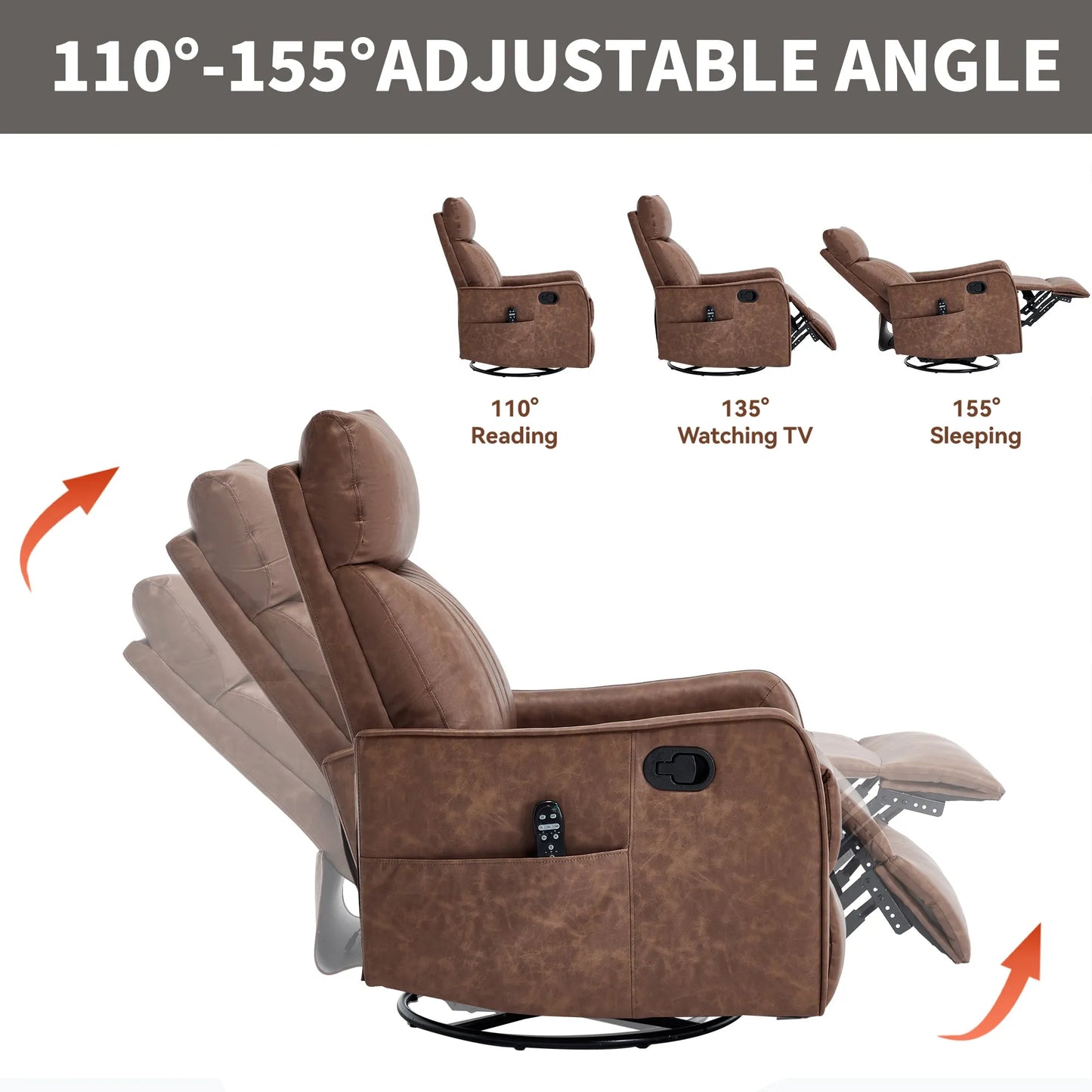 Brown recliner chair with adjustable angle options on a white background