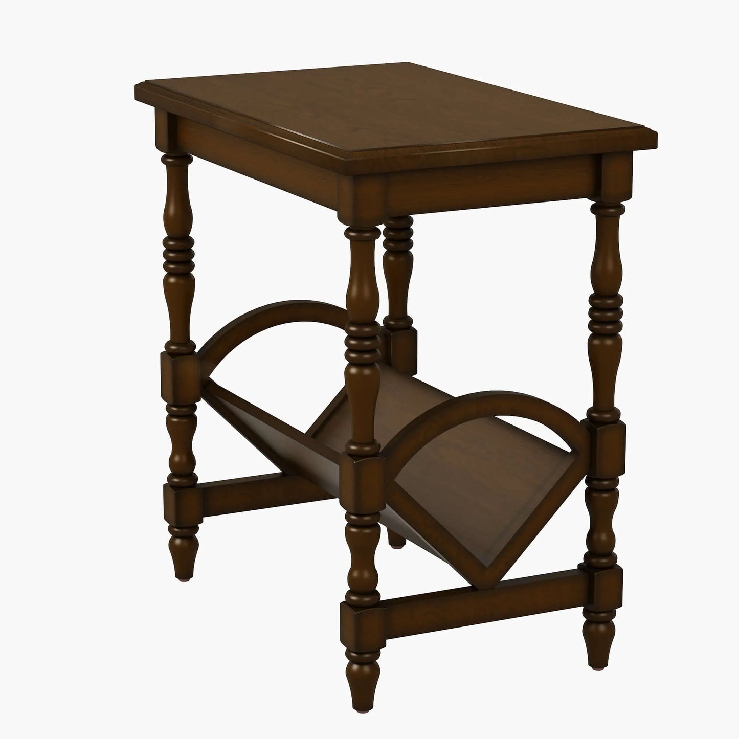 Dark brown wooden end table with a magazine shelf on a white background