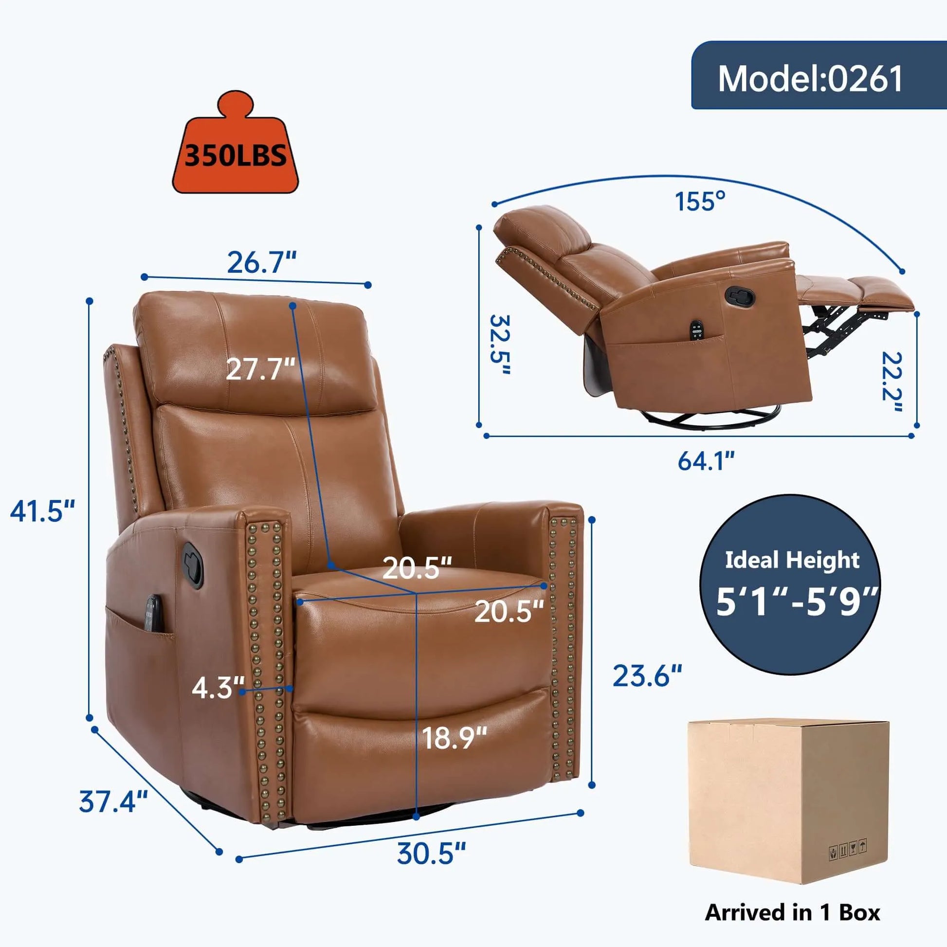 Brown recliner chair with dimensions and weight capacity details on a white background