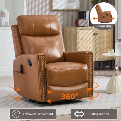 Brown leather recliner chair with rocking, swivel, and gliding motion features in a living room setting.