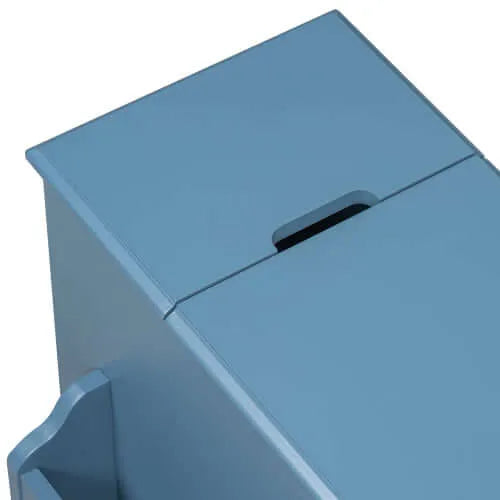 Blue end table with a lid on a white background