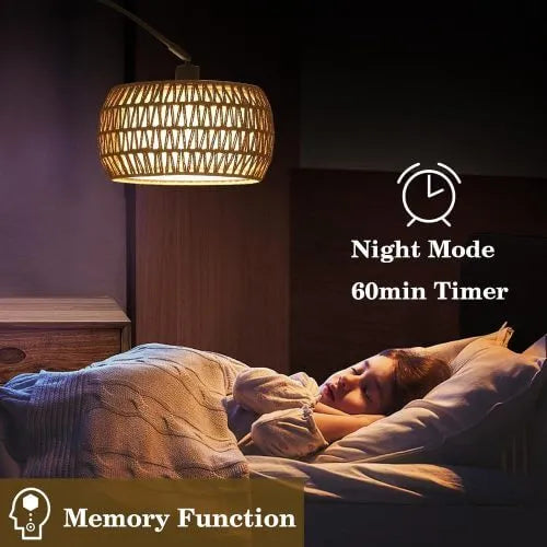 Woman lying in bed with a night light on, featuring text about night mode, timer, and memory function.