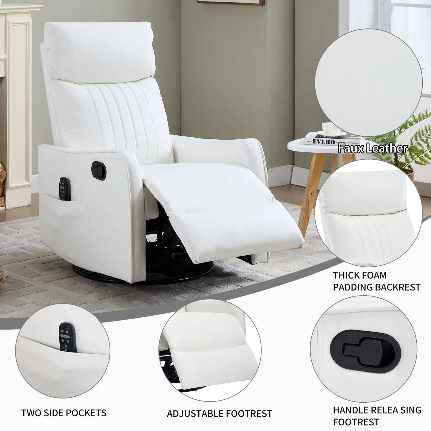 White recliner chair with features highlighted in a living room setting