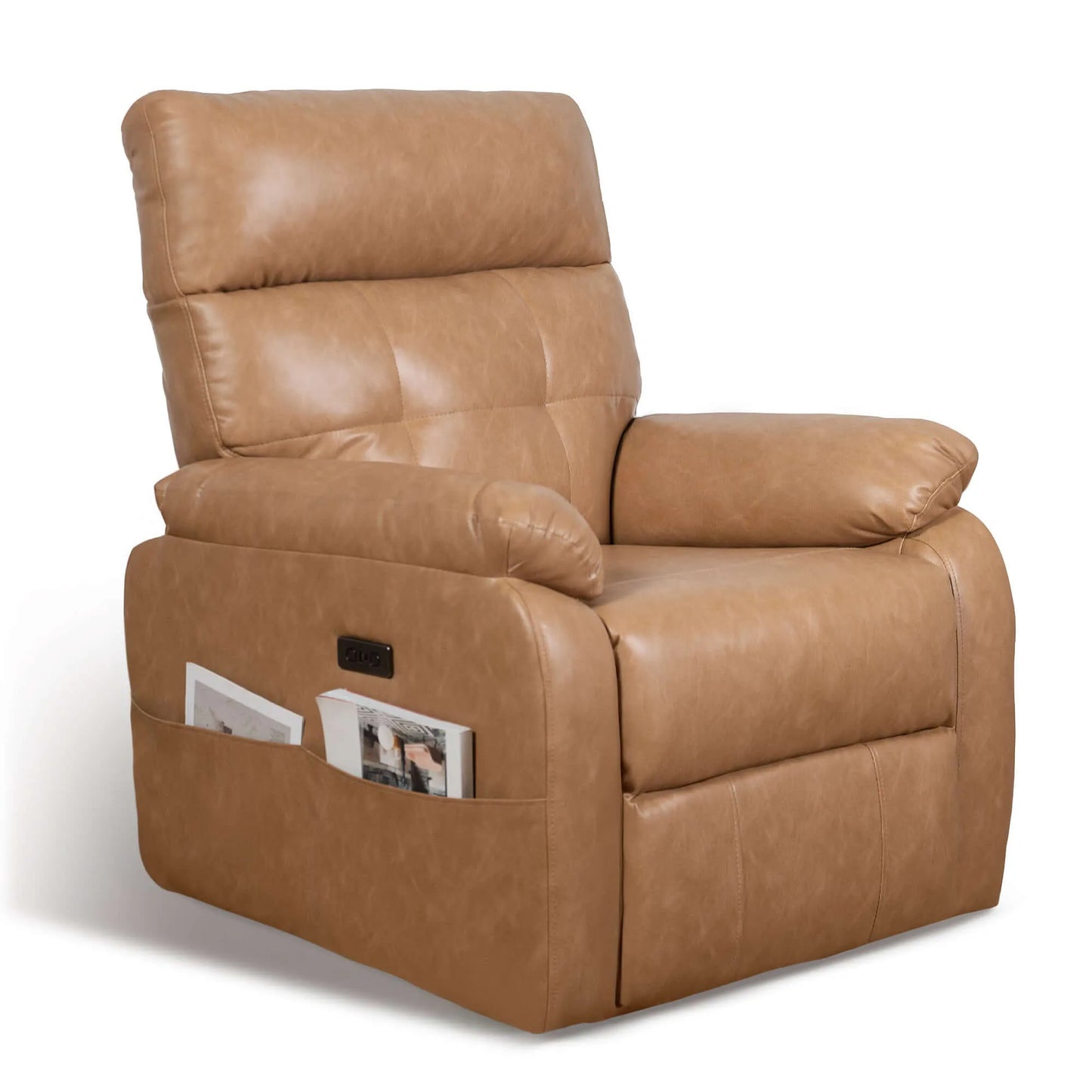 Brown leather recliner chair with magazine holder on a white background