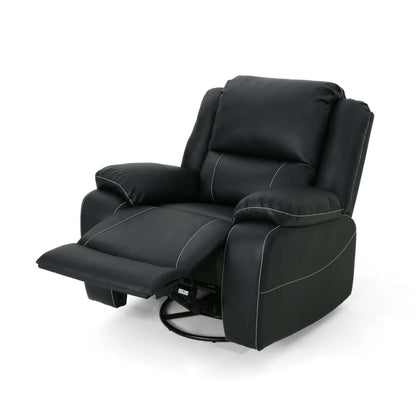 Front angle view of a Modern Faux Leather Manual Swivel Recliner with footrest extended on a white background.