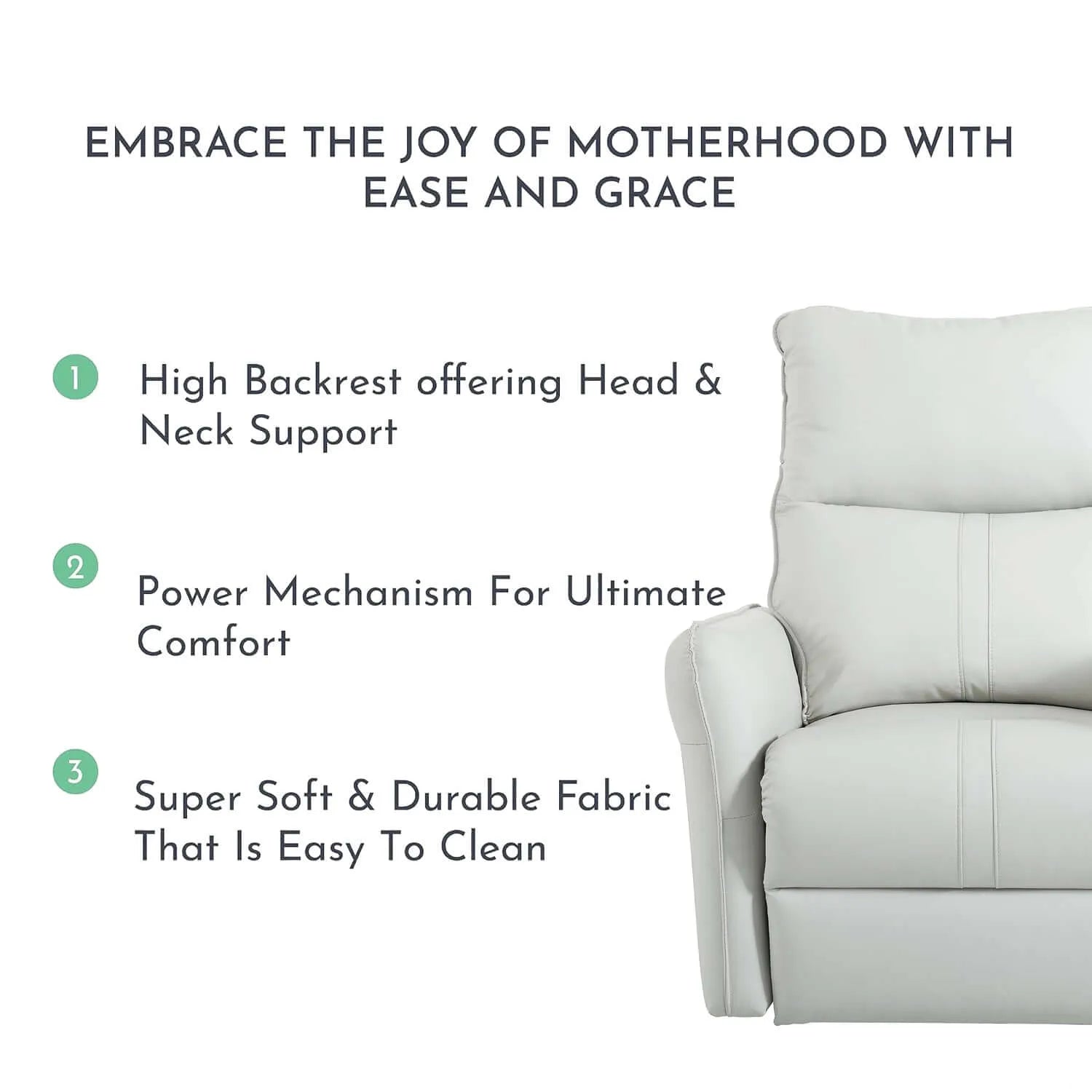 Light gray recliner chair with text highlighting features on a white background