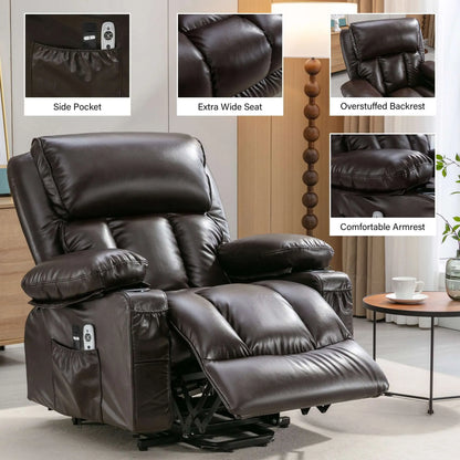 Brown leather recliner chair with features highlighted on a neutral background