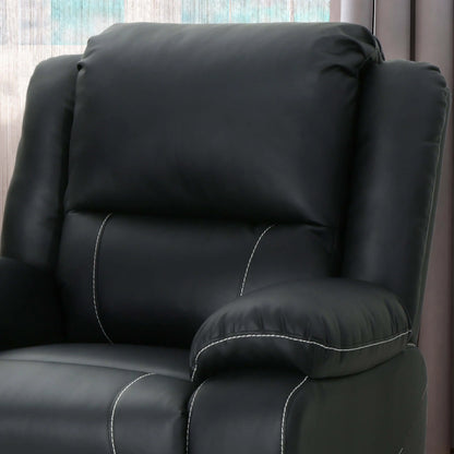 Close up of Modern Faux Leather Manual Swivel Recliner chair cushions with detailed stitching on a blurry background. 
