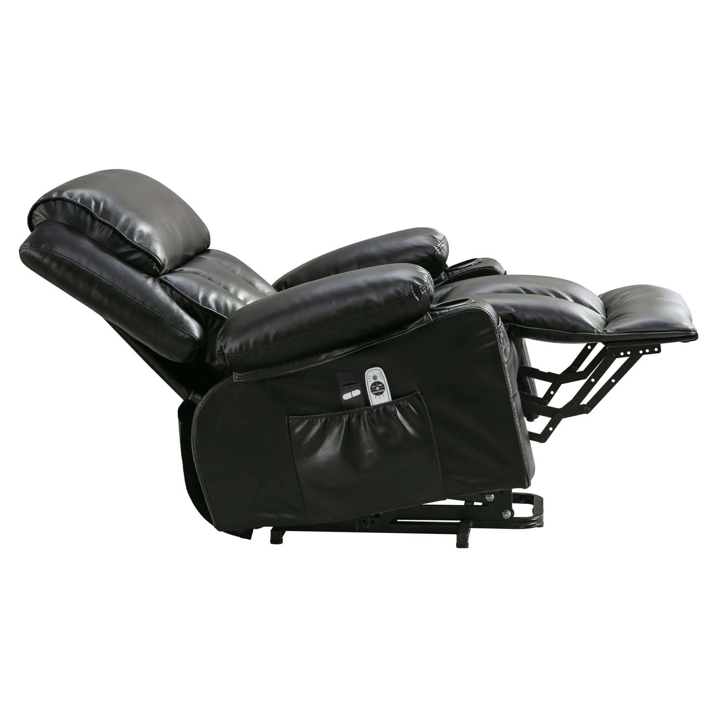 Side view of a black recliner chair on a white background