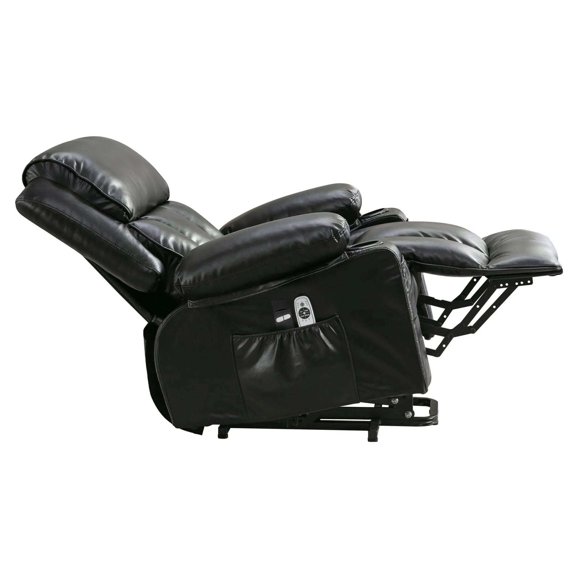 Side view of a black recliner chair on a white background