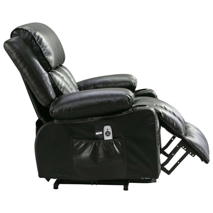 Side view of a black leather recliner chair with footrest extended and storage pocket on a white background