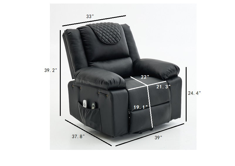 Black recliner chair with dimensions labeled on a white background