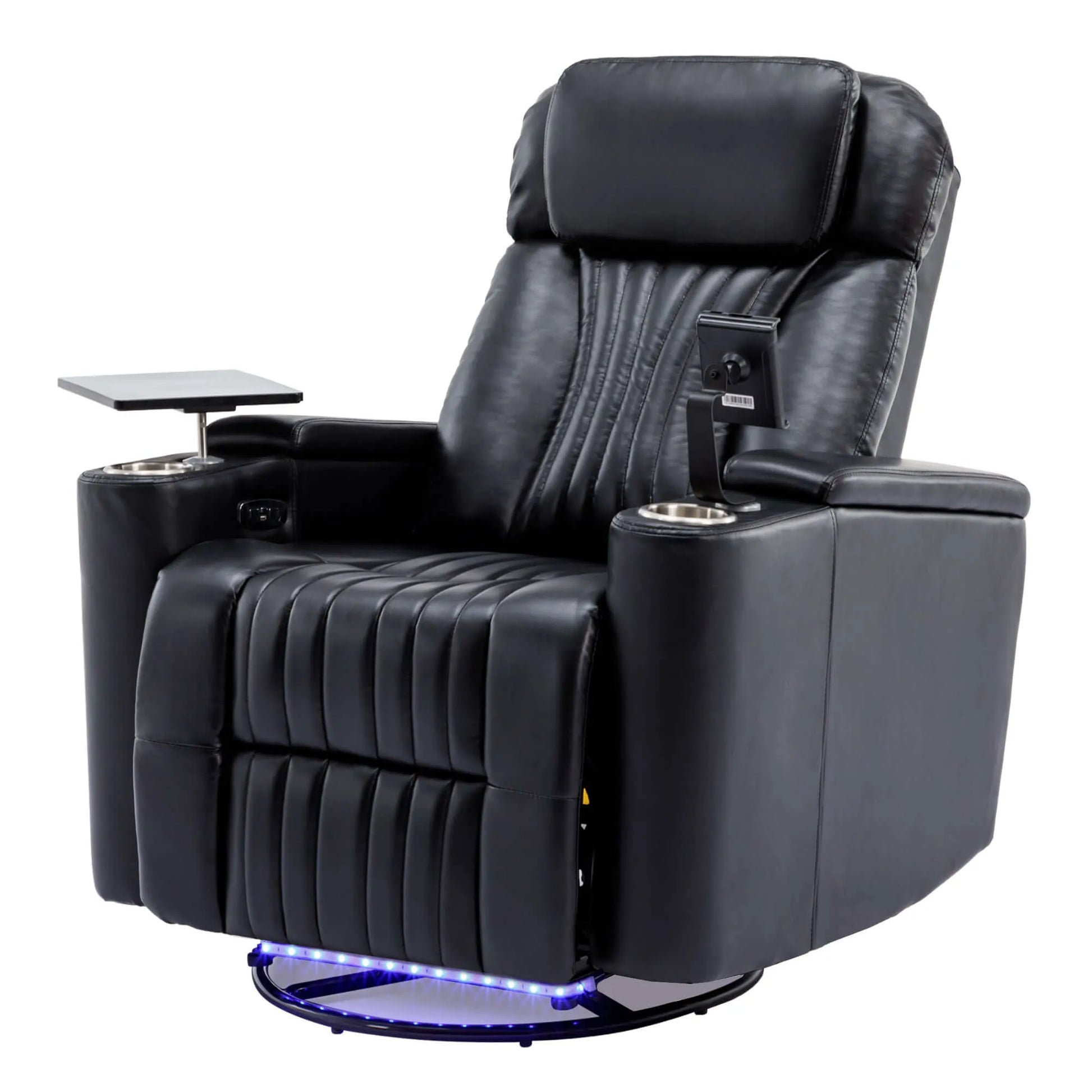 Black leather recliner chair with cup holders , LED lights, phone holder and remote control on a white background