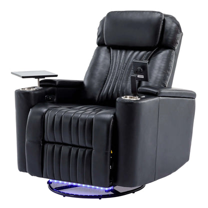 Black leather recliner chair with cup holders , LED lights, phone holder and remote control on a white background