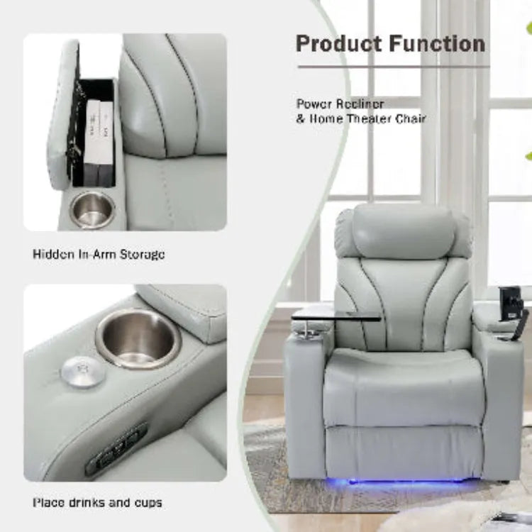 Gray faux leather power recliner chair with hidden arm storage and cup holders, featuring text on product functions.