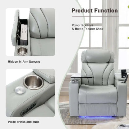 Gray faux leather power recliner chair with hidden arm storage and cup holders, featuring text on product functions.
