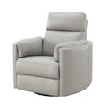 Front view of the Sagen Gray Faux Leather Glider Recliner Chair with Swivel on a white background