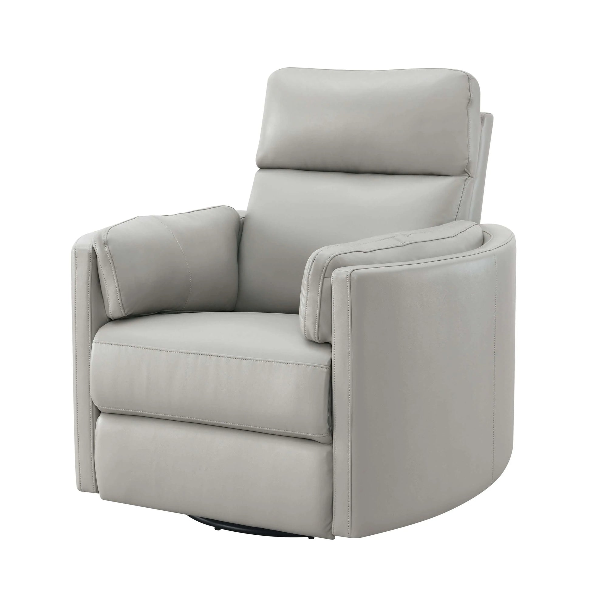 Front view of the Sagen Gray Faux Leather Glider Recliner Chair with Swivel on a white background