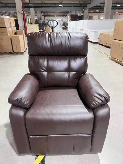 Brown leather recliner chair in a warehouse setting with boxes and pallets.
