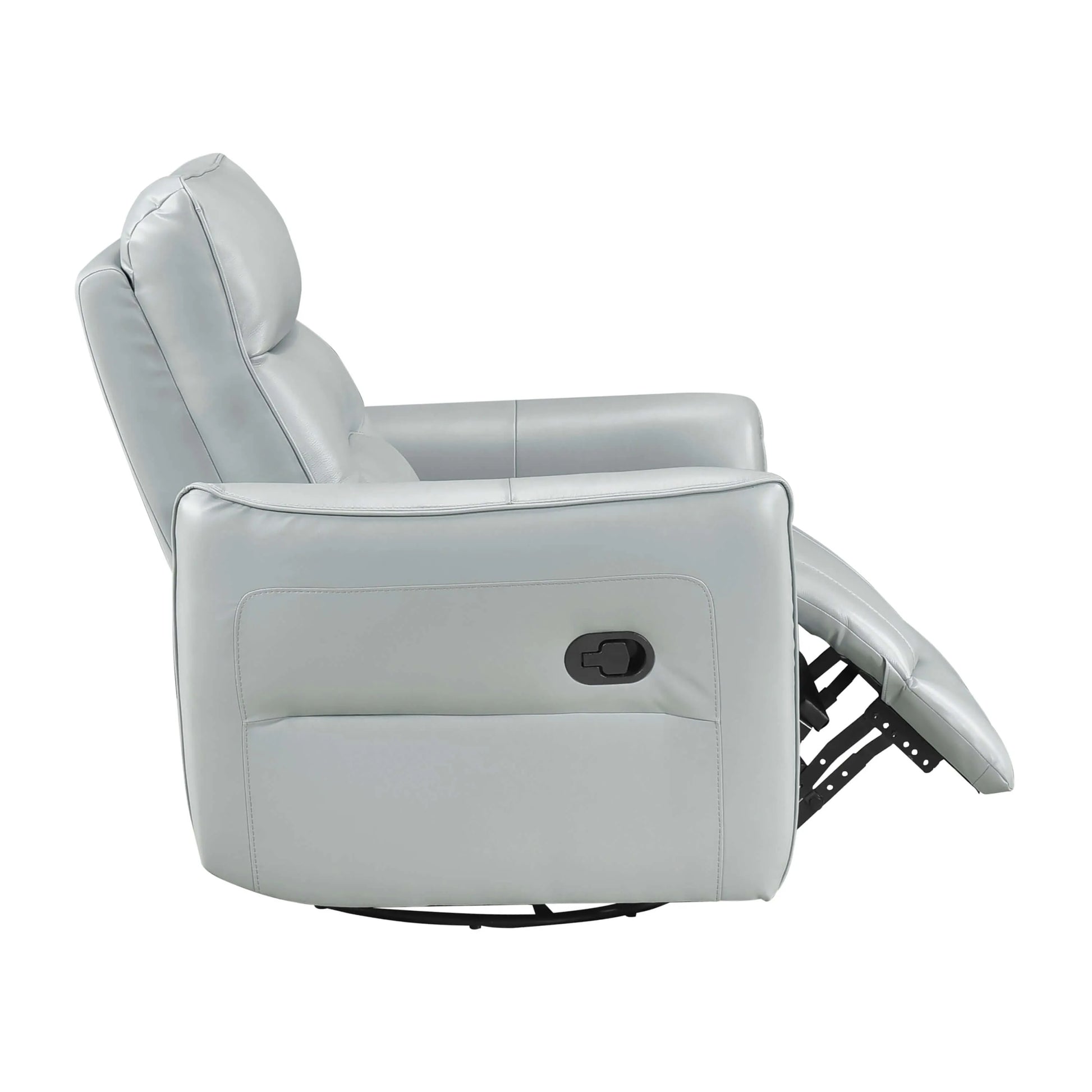 Side view of a light blue leather recliner chair with footrest extended on a white background