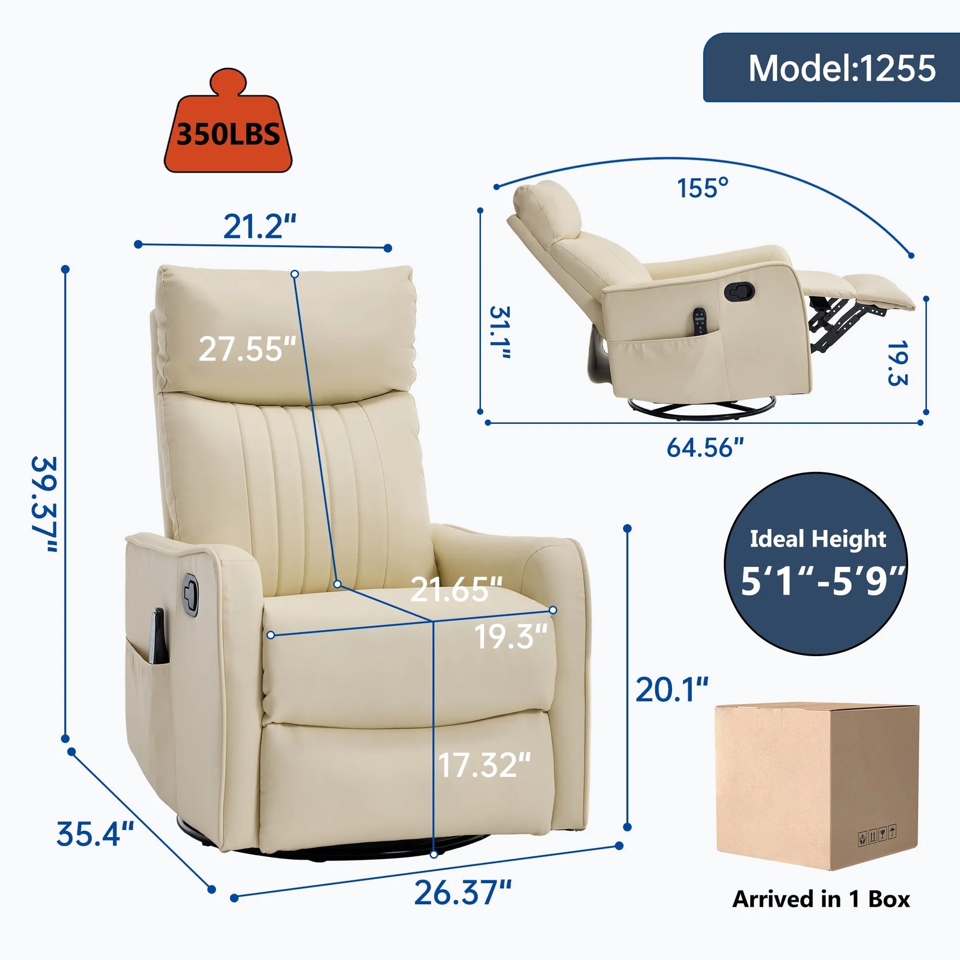 Beige recliner chair with dimensions and weight capacity details on a white background