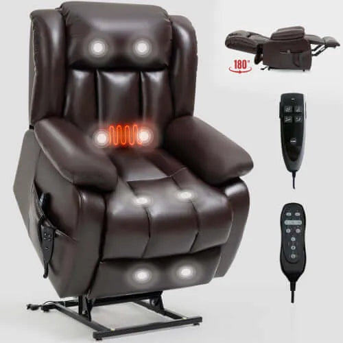 Brown massage lift chair with control panel on a white background