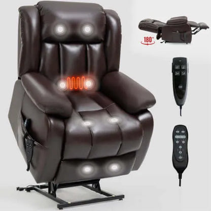 Brown massage lift chair with control panel on a white background