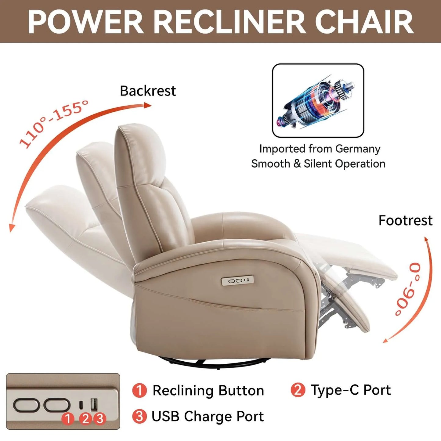 Brown power recliner chair with features highlighted on a white background