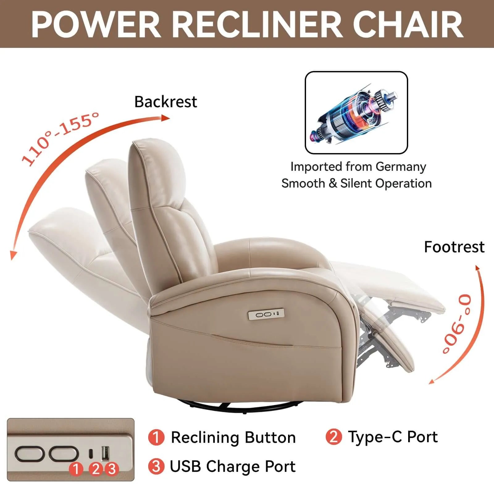 Brown power recliner chair with features highlighted on a white background