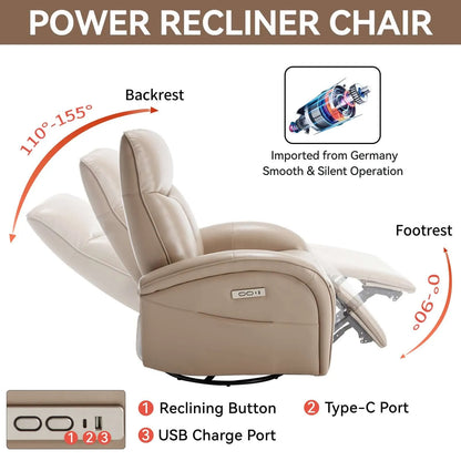 Brown power recliner chair with features highlighted on a white background