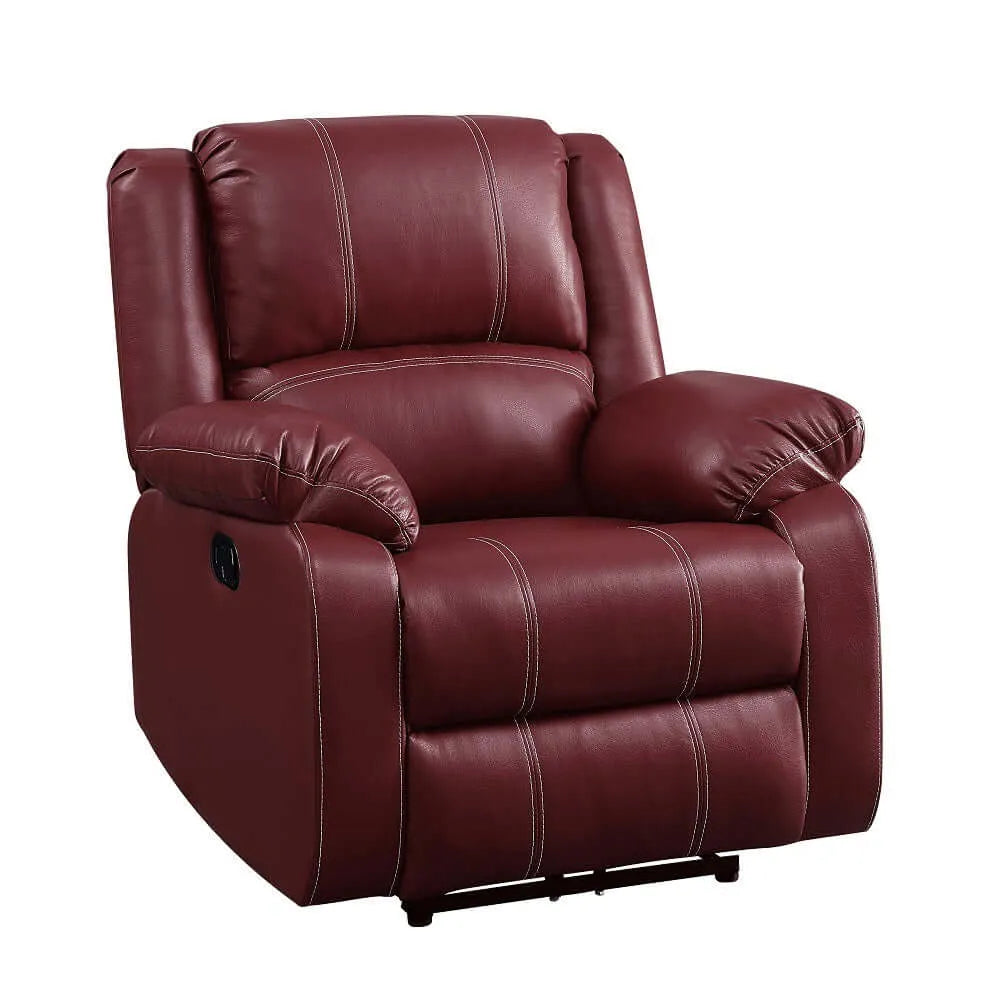 Red leather recliner chair with a black base on a white background