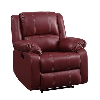 Red leather recliner chair with a black base on a white background
