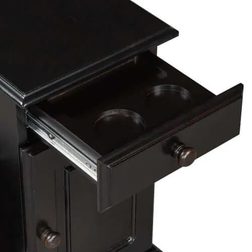 Dark brown end table with an open drawer showing additional features on a white background