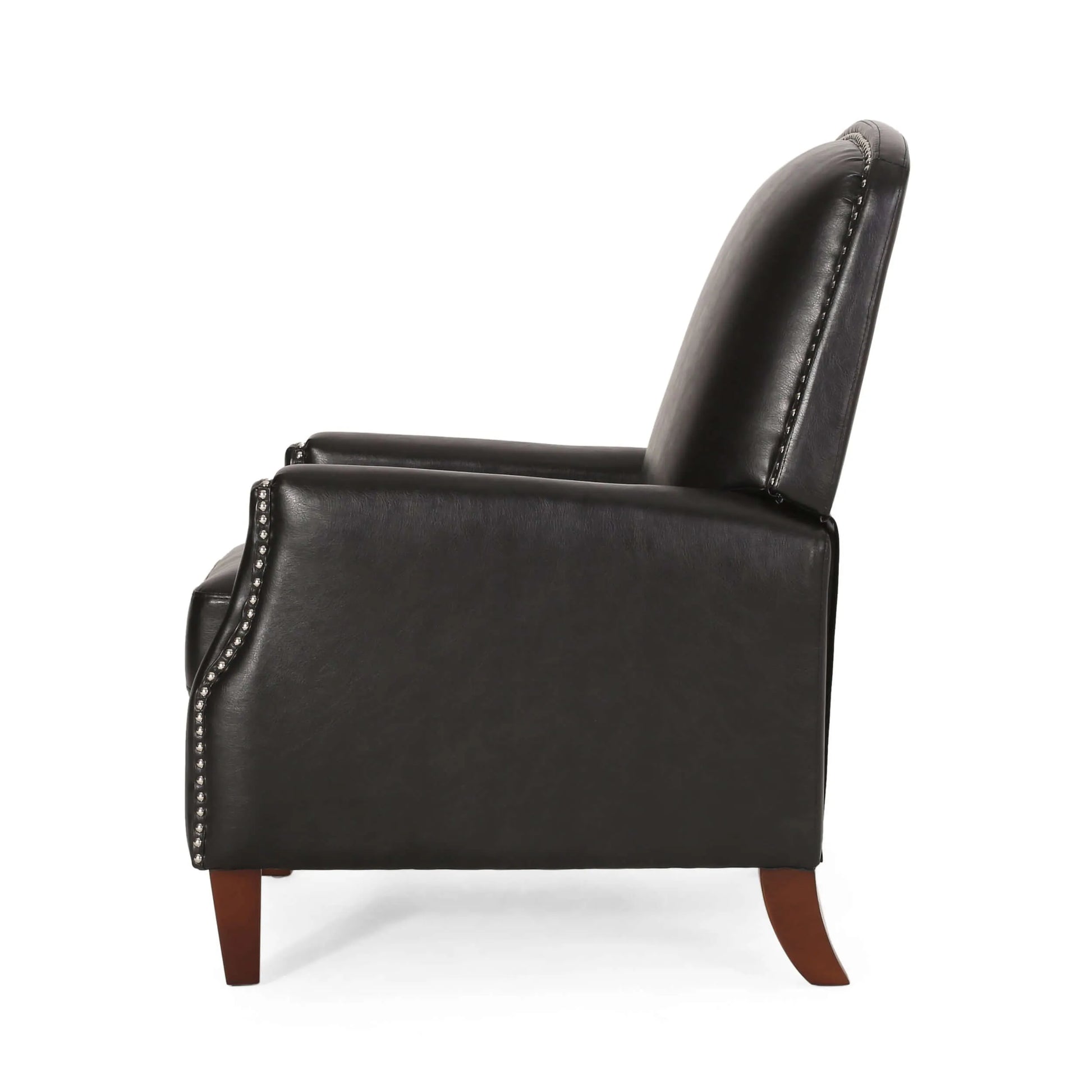 Side view of a black leather armchair with wooden legs on a white background