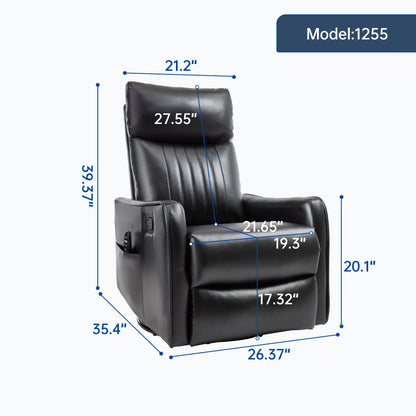 Black recliner chair with dimensions labeled on a white background
