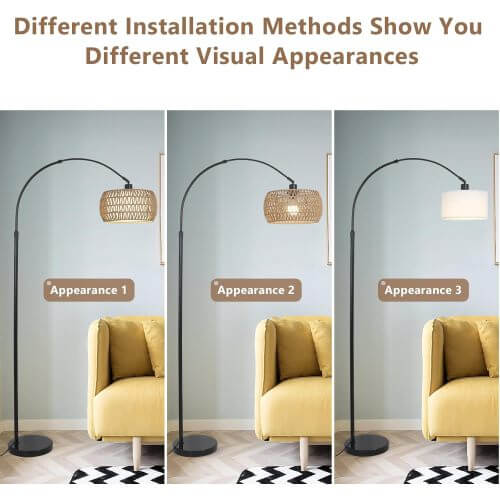 Boho Arc Floor Lamp with Remote, Dimmable LED & Rattan Shade – Black