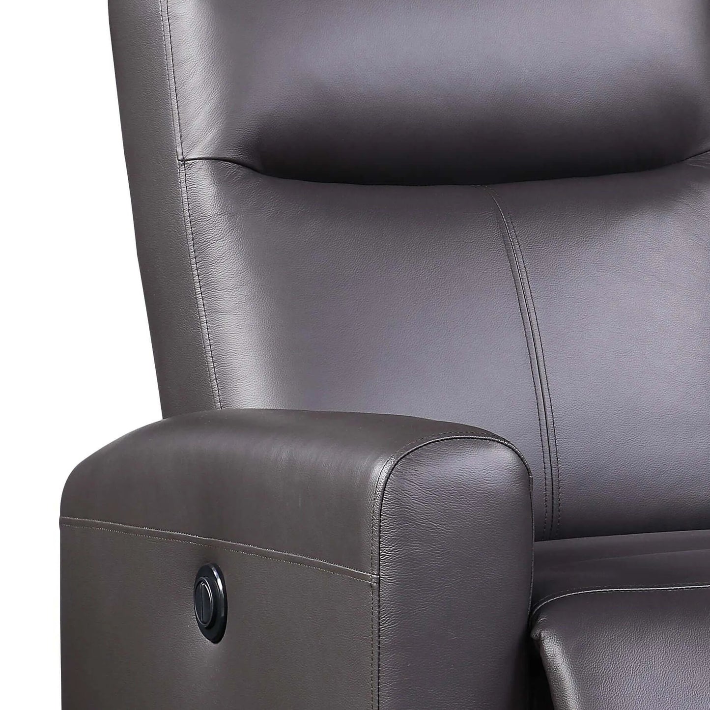 Close-up of a brown leather recliner chair with armrest button.